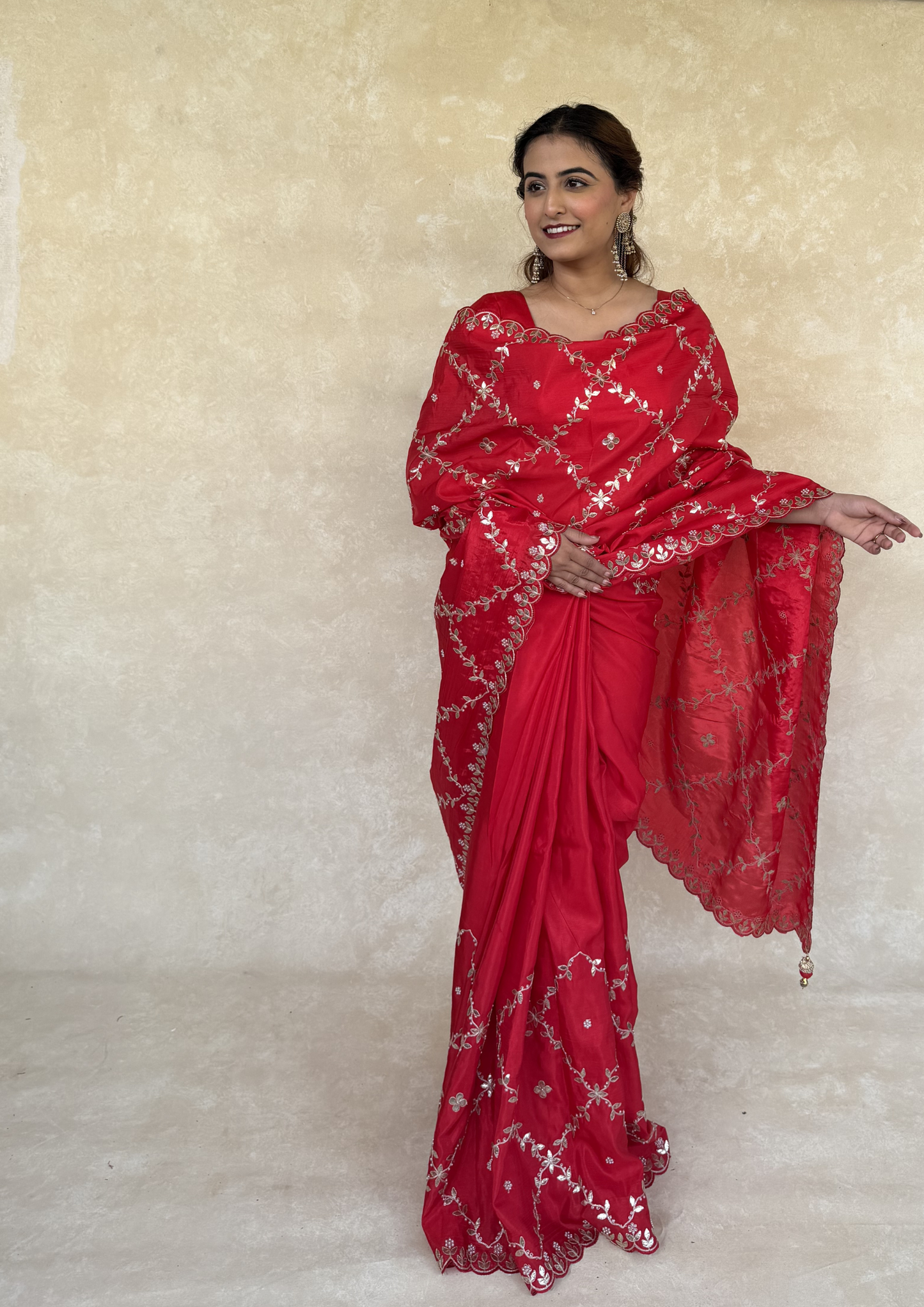 Red H.O. Silk Saree with Gota Foil, Sequence & Moti Work