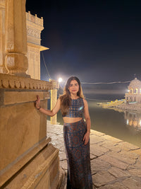 Indigo Ajrakh Modal Silk Skirt Set with Mirror Work