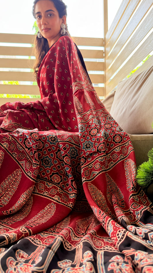 Pure Handcrafted Modal Silk Ajrakh Saree-Maroon