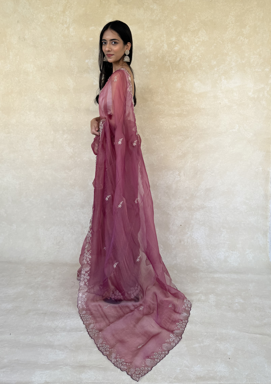 Dusty Rose Soft Tissue Saree with Intricate Pita Work