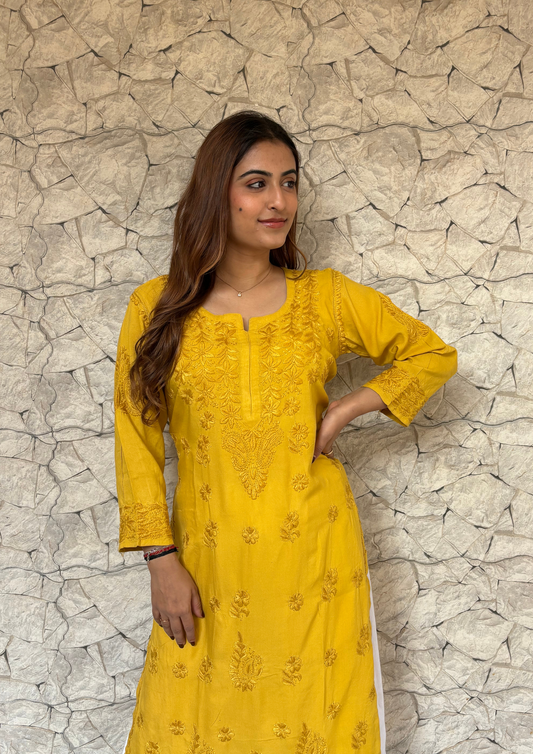 Rayon Handcrafted Kurta With Motifs overall-Yellow