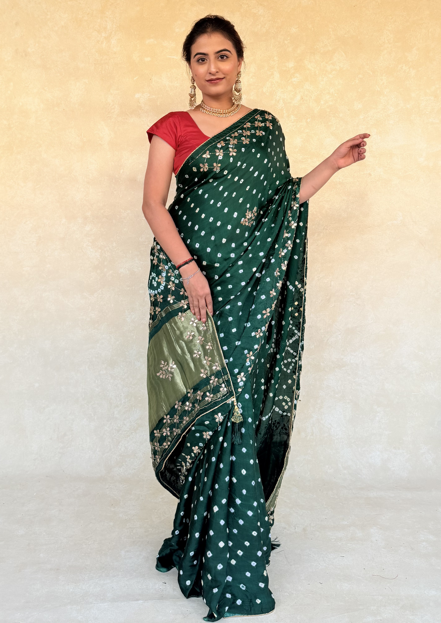 Modal Gajji Bandhani Saree With Handcrafted Cutdhana Work-Green