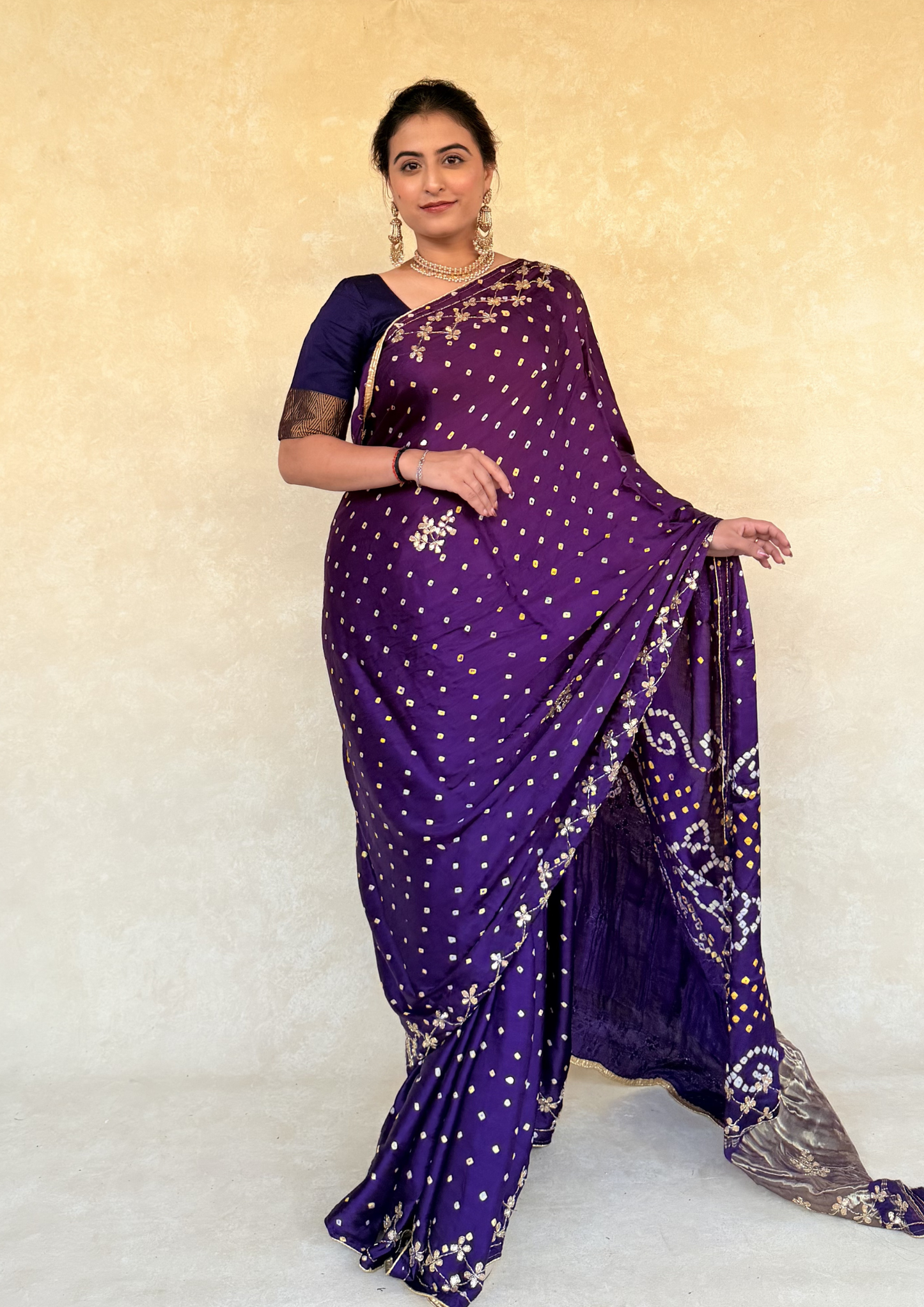 Modal Gajji Bandhani Saree With Handcrafted Cutdhana Work- Purple
