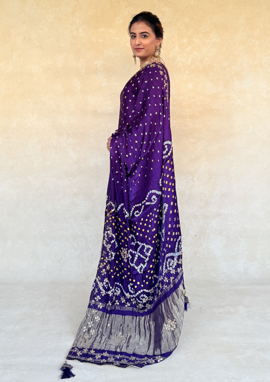 Modal Gajji Bandhani Saree With Handcrafted Cutdhana Work- Purple