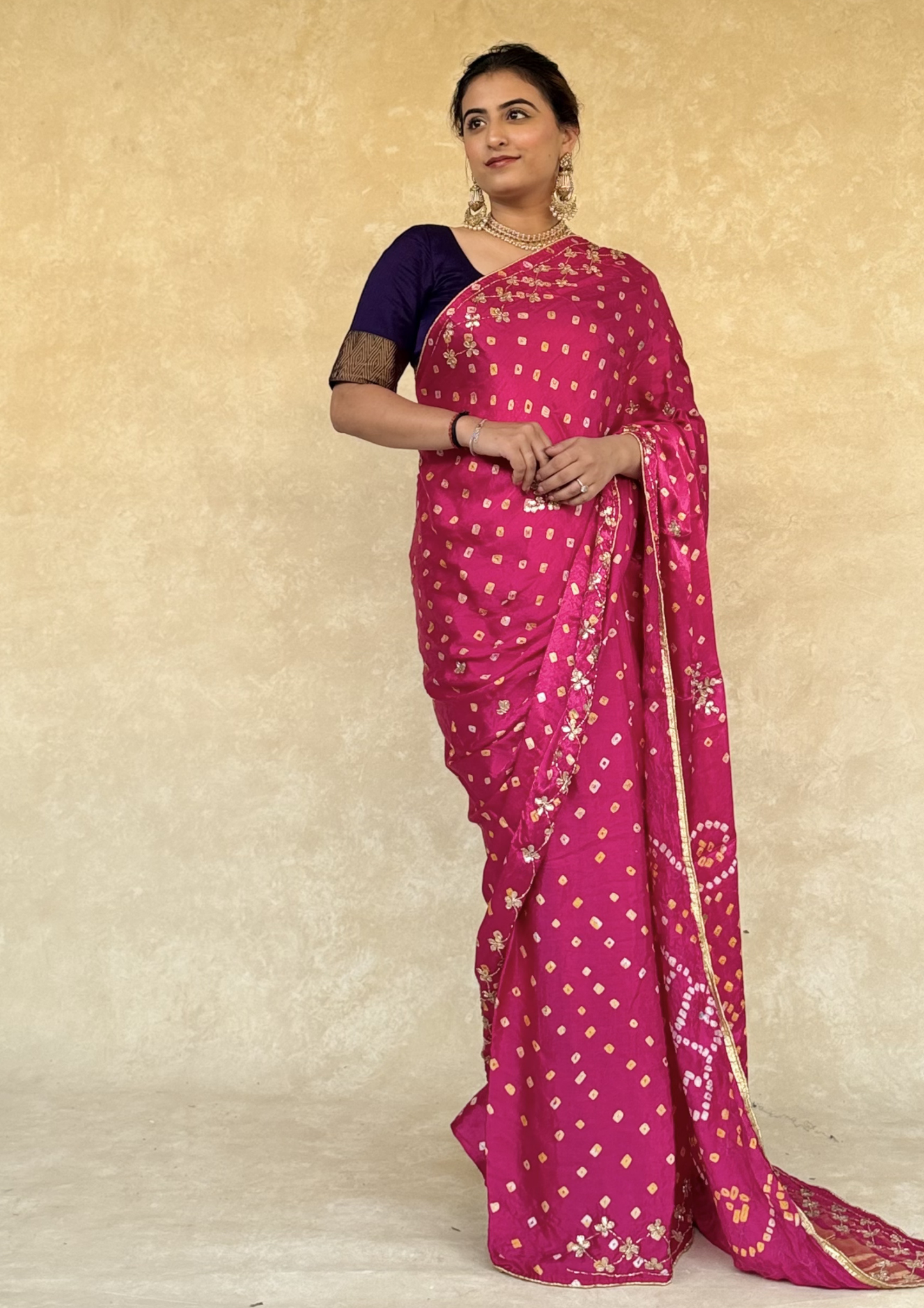 Modal Gajji Bandhani Saree With Handcrafted Cutdhana Work- Pink