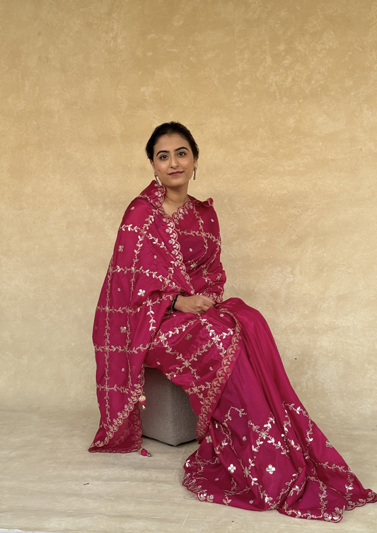 Red H.O. Silk Saree with Gota Foil, Sequence & Moti Work
