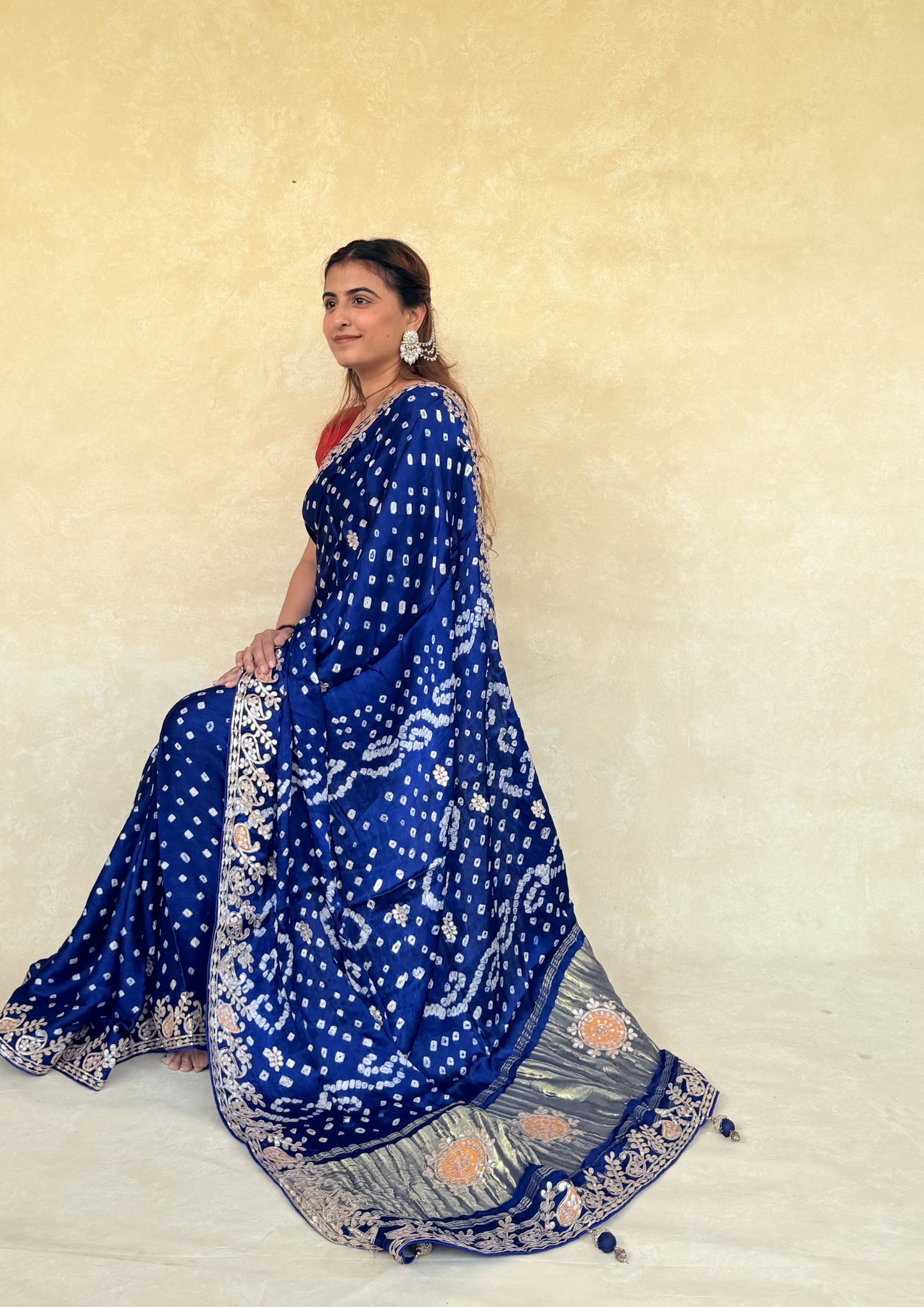 Ink Blue Modal Gajji Bandhani Saree with Handcrafted Gota Patti Border