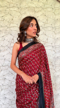 Handcrafted Ajrakh Pure Modal Silk Saree-Maroon