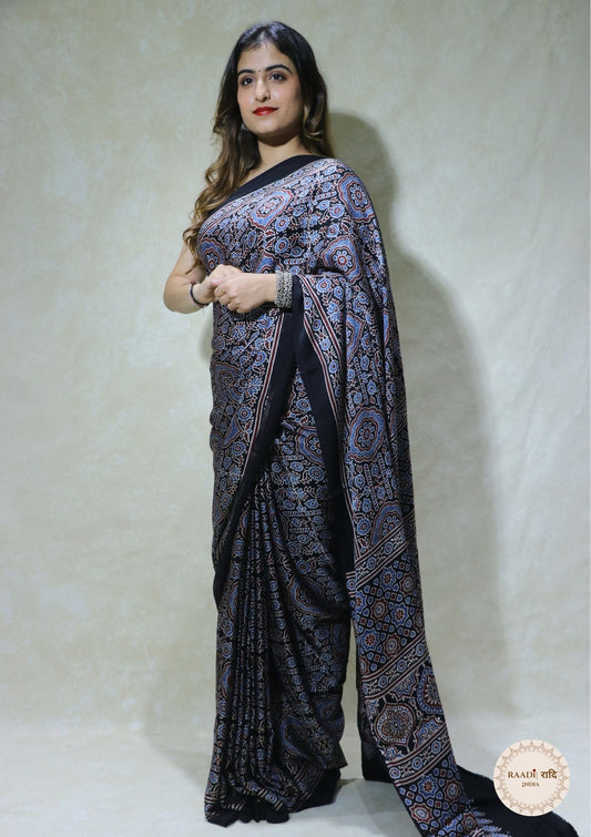 Ajrakh Modal Silk Saree from Kutch – Handcrafted with Natural Dyes