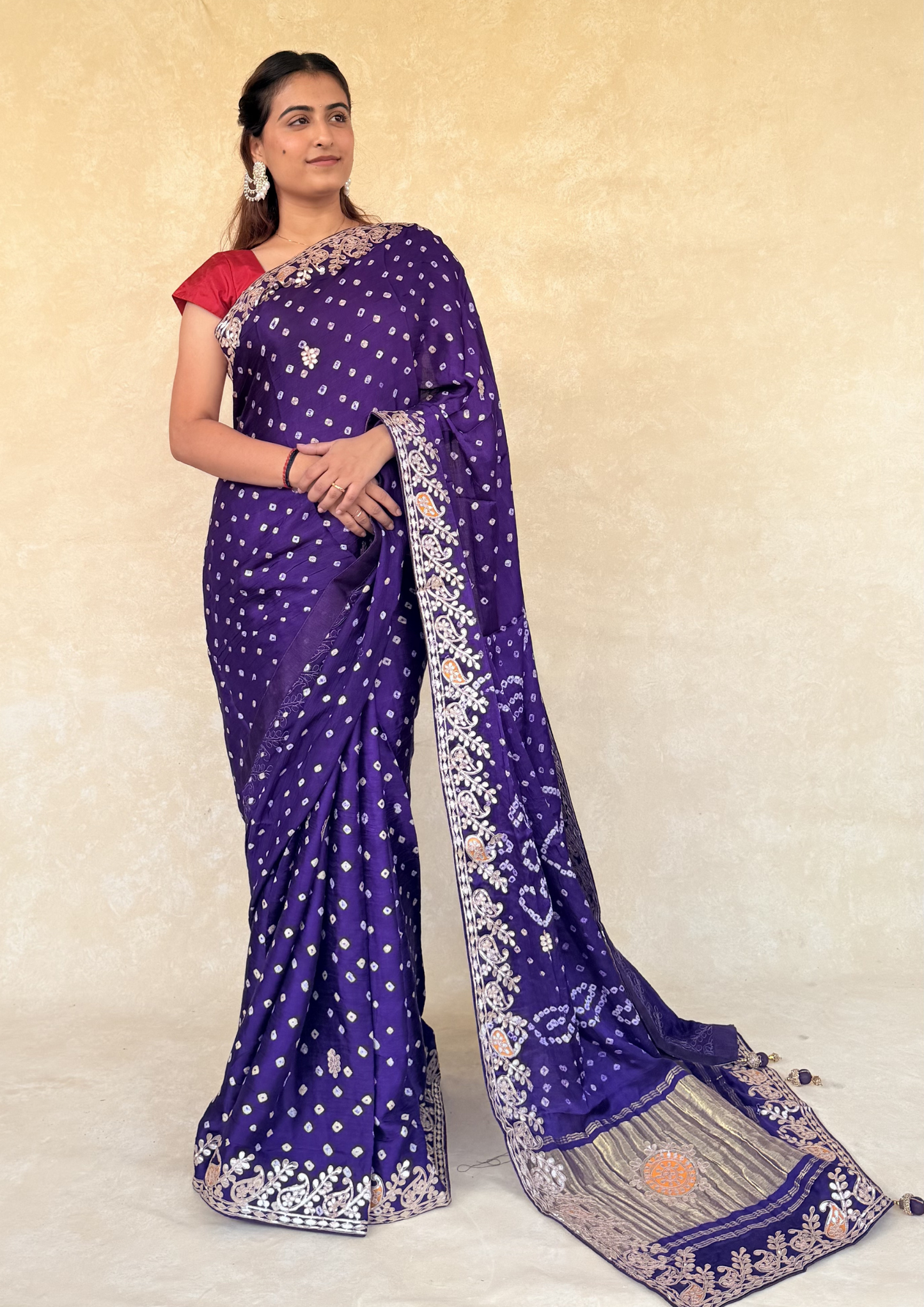 Purple Modal Gajji Bandhani Saree with Handcrafted Gota Patti Border