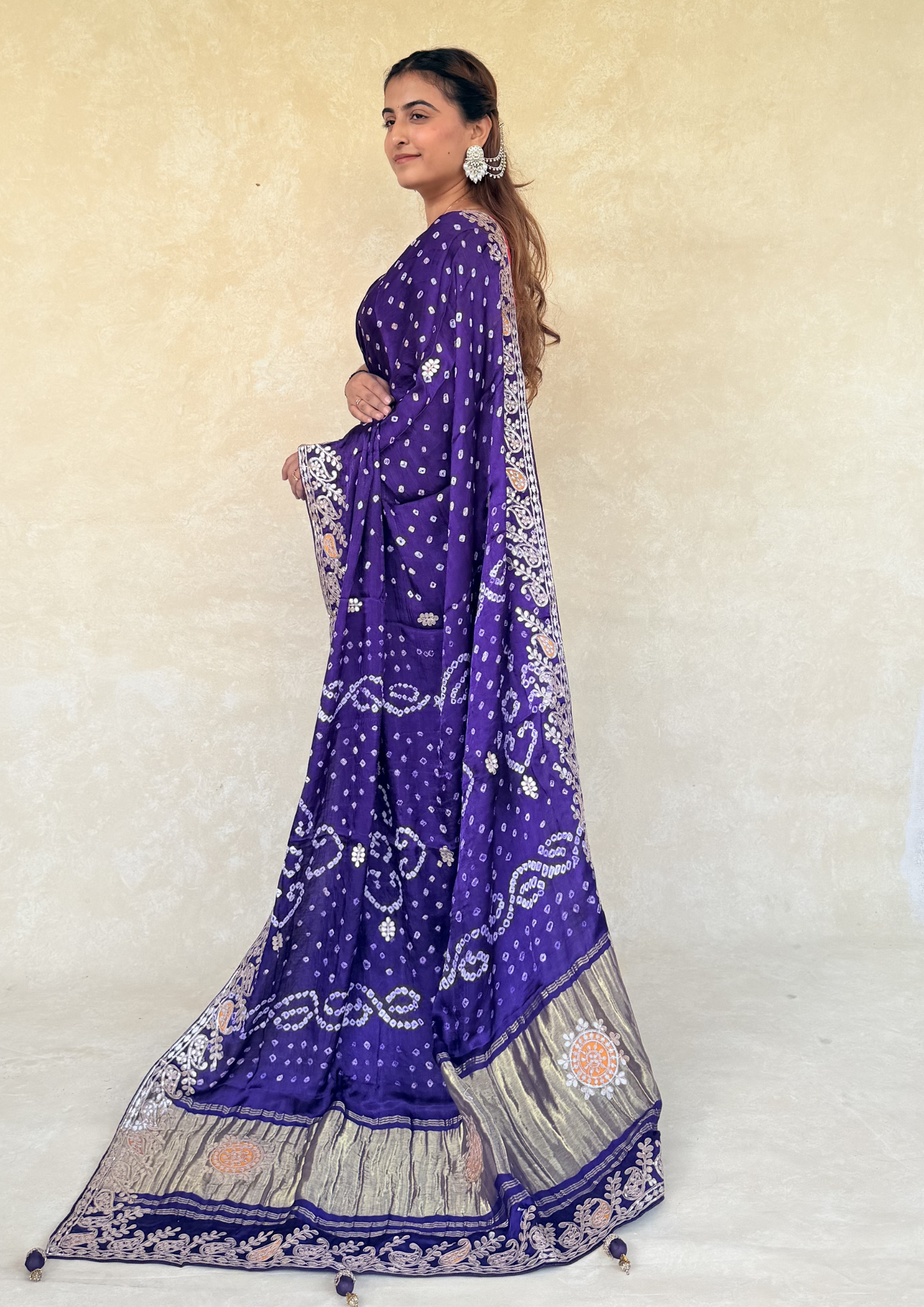 Purple Modal Gajji Bandhani Saree with Handcrafted Gota Patti Border