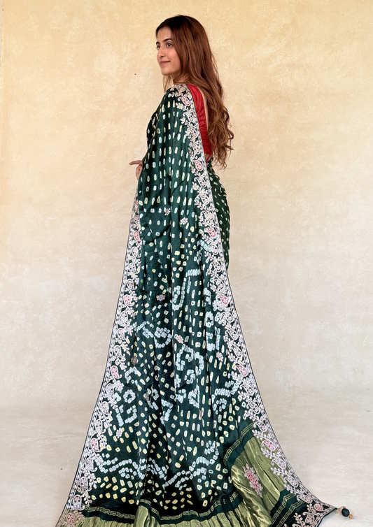 Green Modal Gajji Bandhani Saree with Handcrafted Gota Patti Border