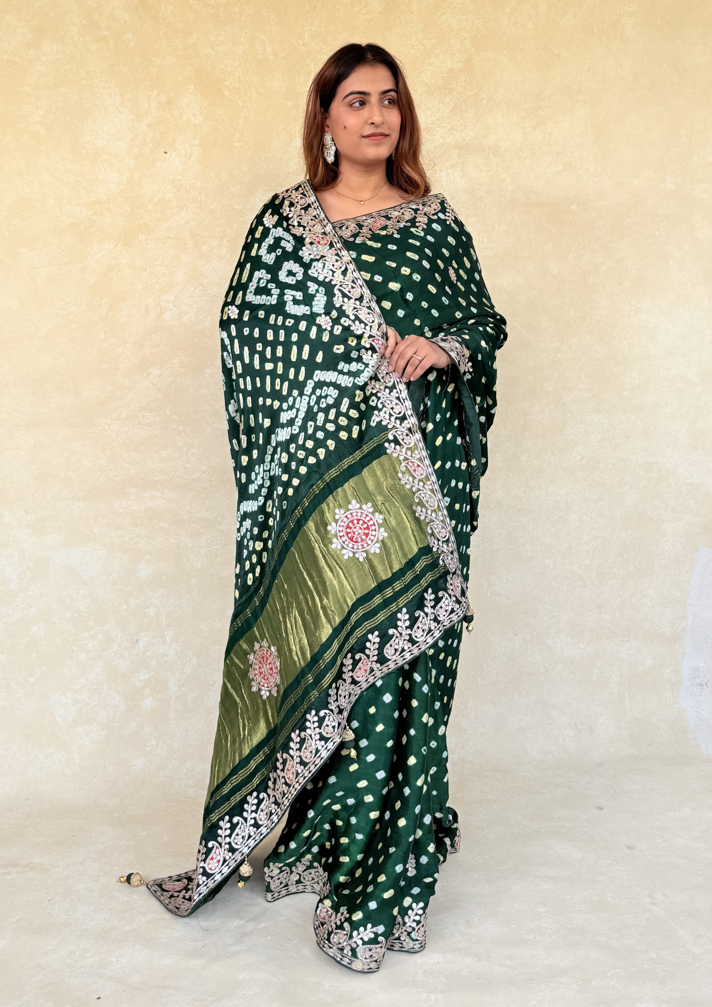 Green Modal Gajji Bandhani Saree with Handcrafted Gota Patti Border