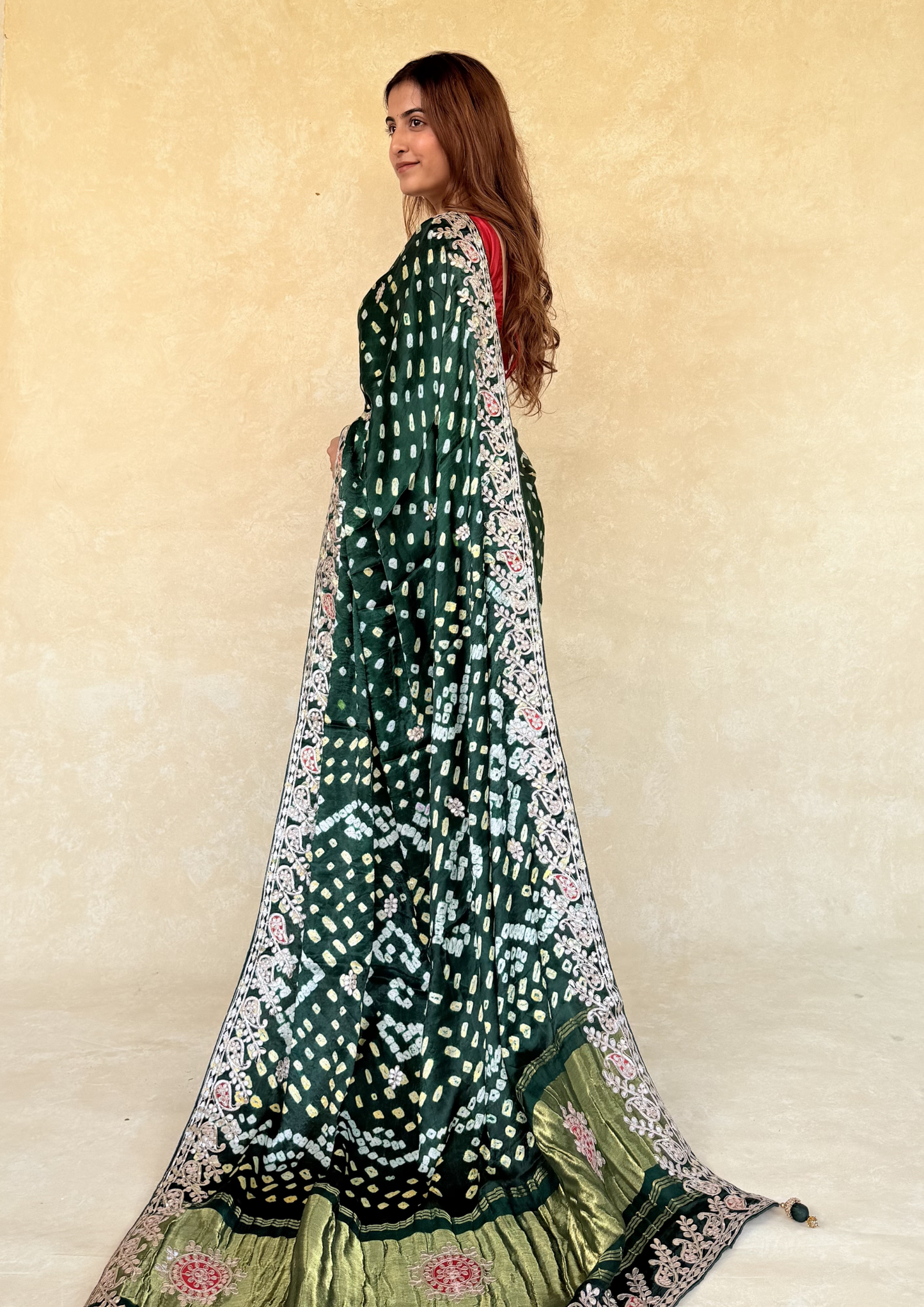 Green Modal Gajji Bandhani Saree with Handcrafted Gota Patti Border