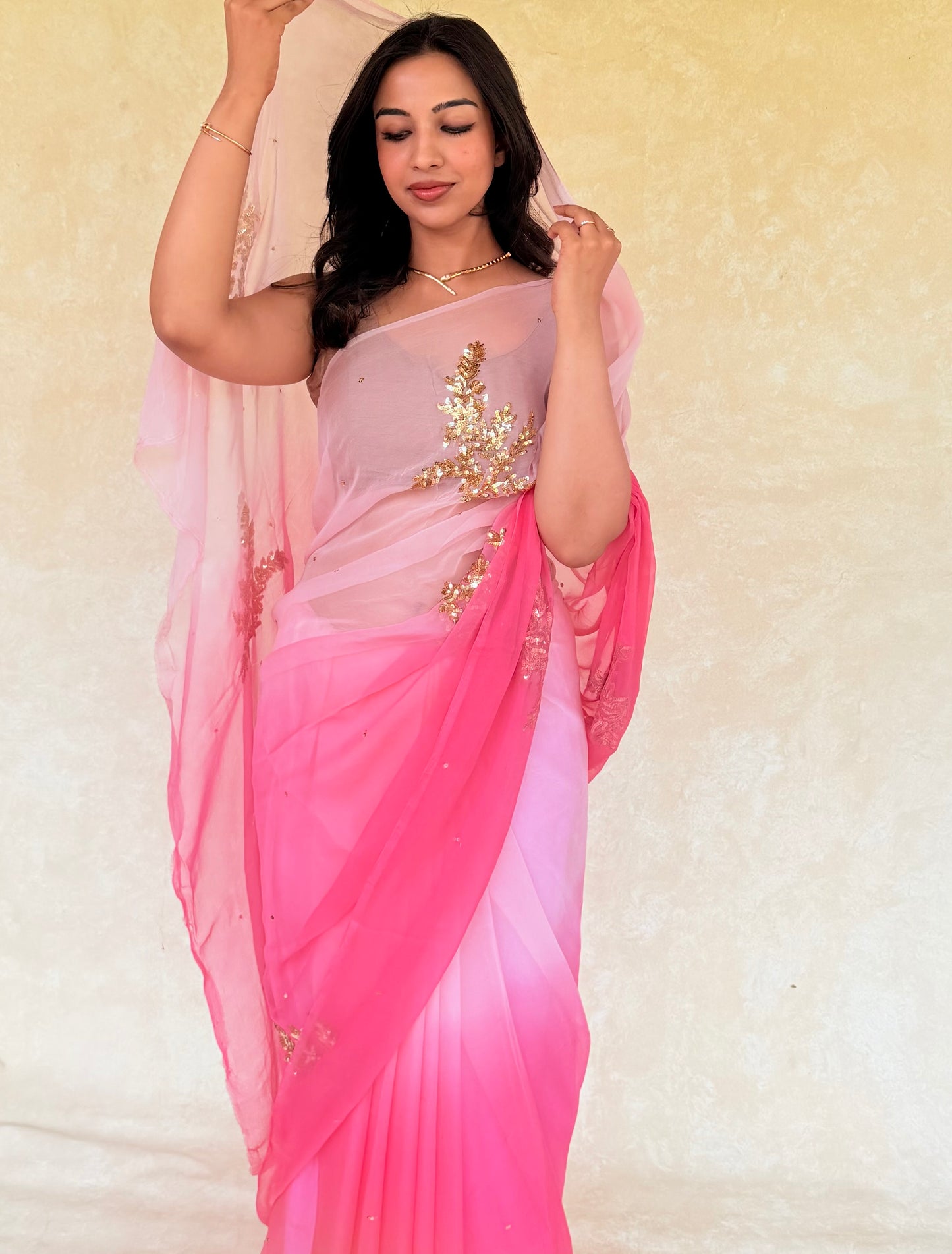 Handcrafted Ombre Rajputi Pure Chiffon Saree, Made in Jaipur-Peach Pink