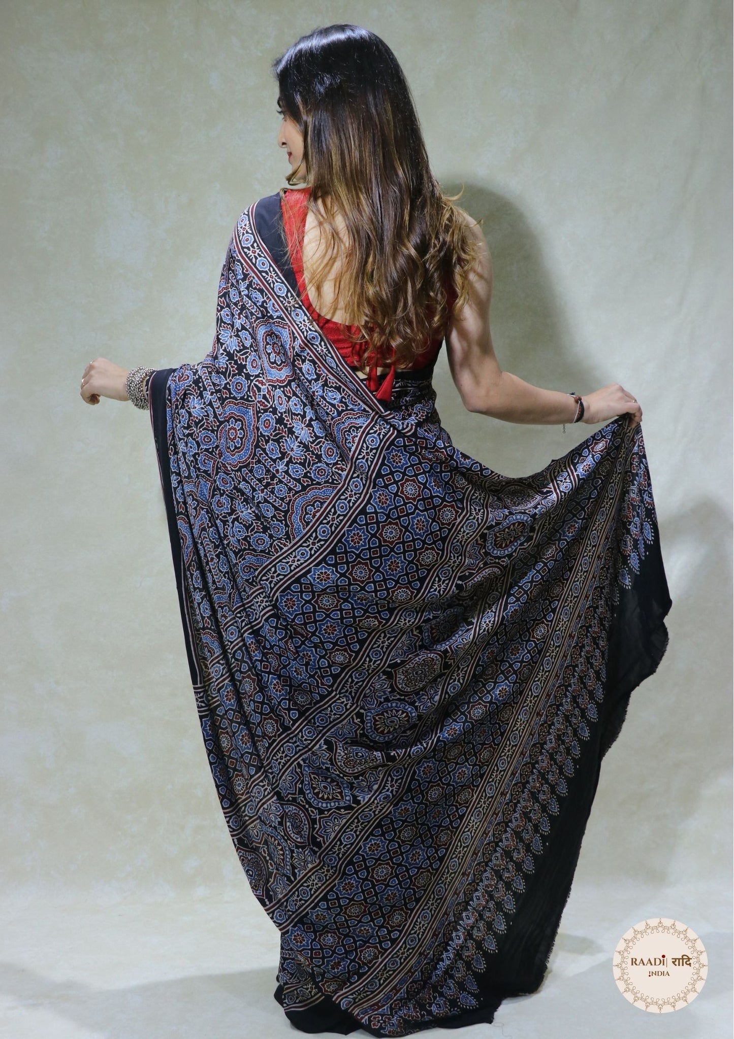 Ajrakh Modal Silk Saree from Kutch – Handcrafted with Natural Dyes
