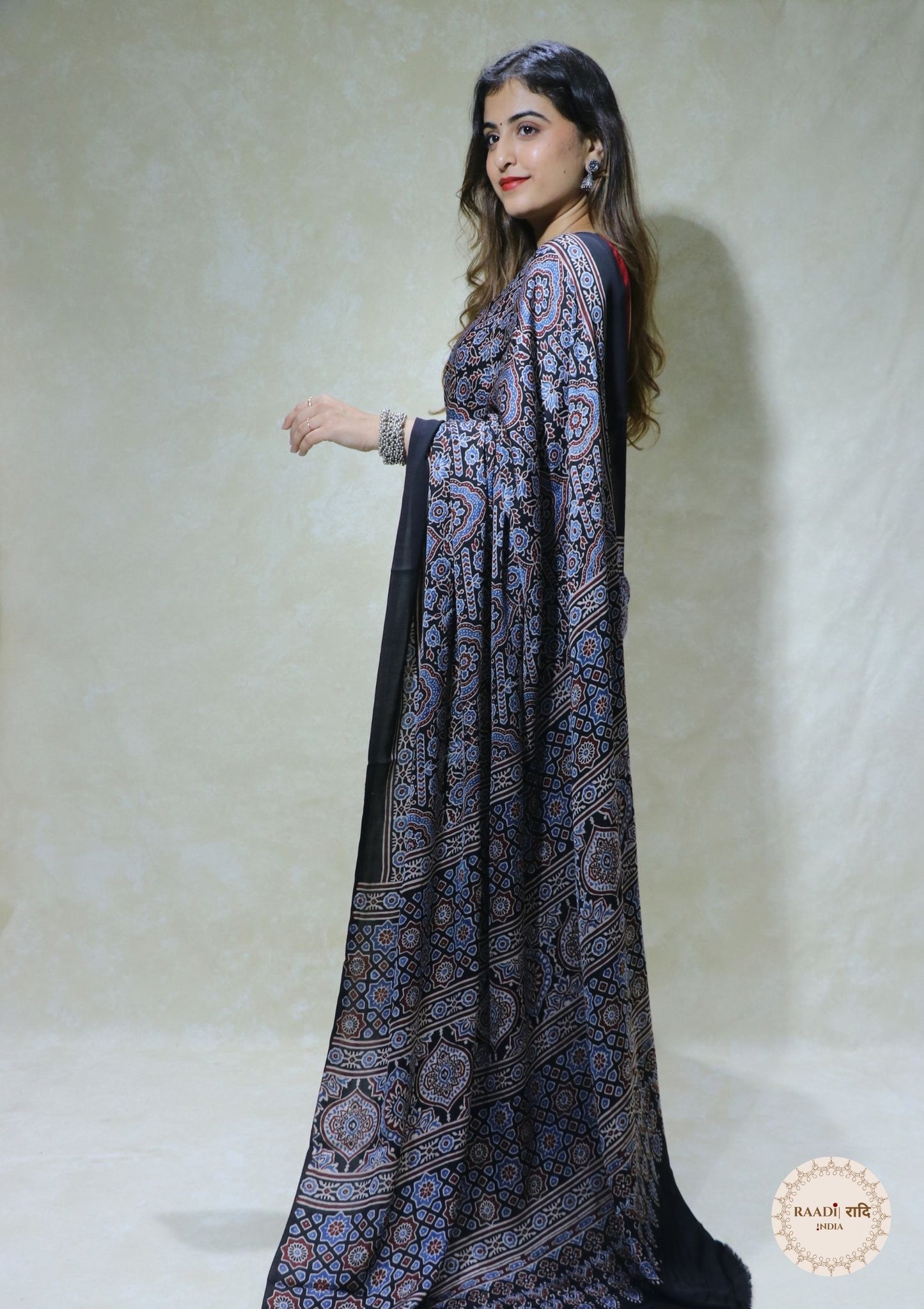 Ajrakh Modal Silk Saree from Kutch – Handcrafted with Natural Dyes
