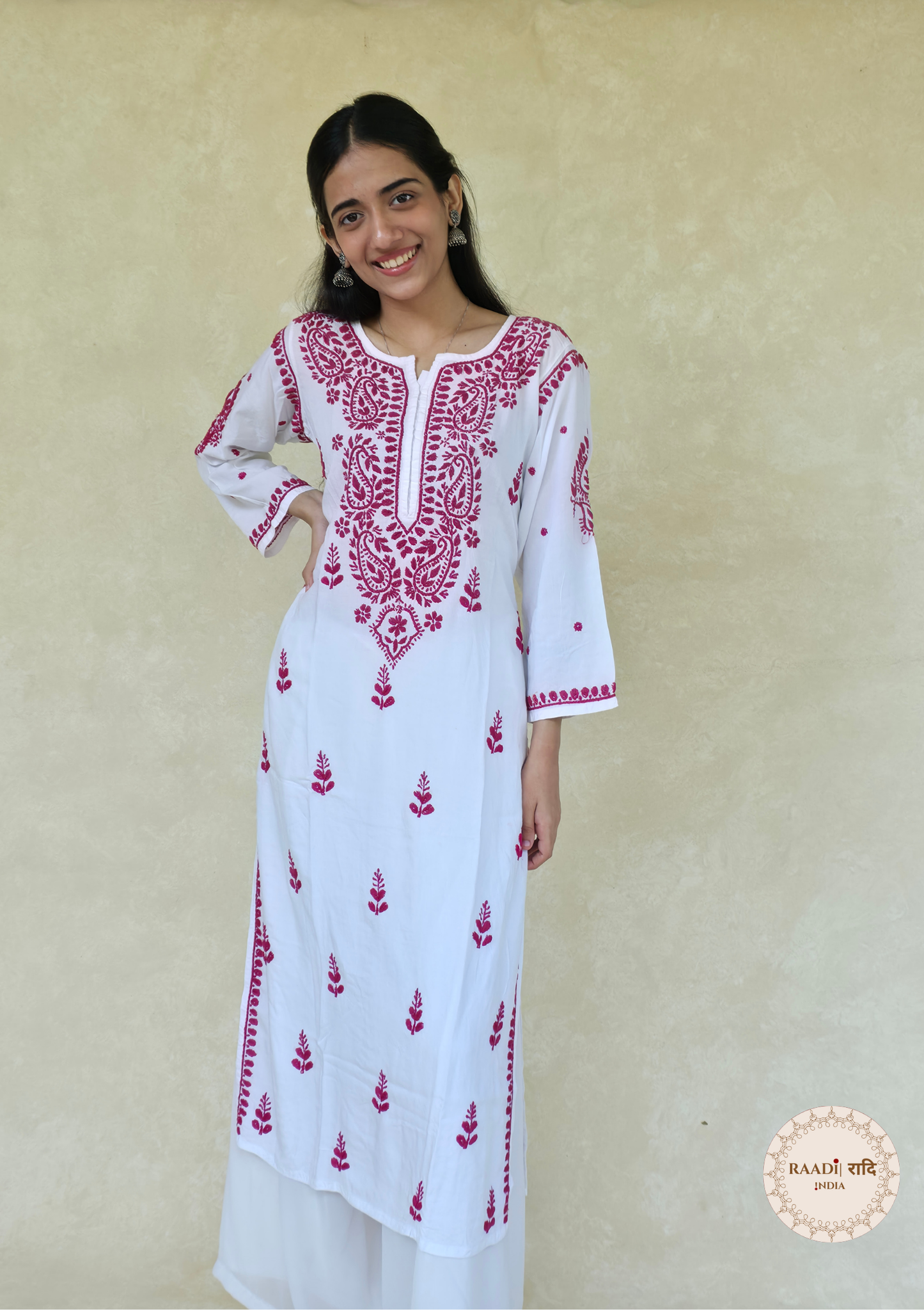 Handcrafted Rayon White Kurta With Contrast Pink Threads