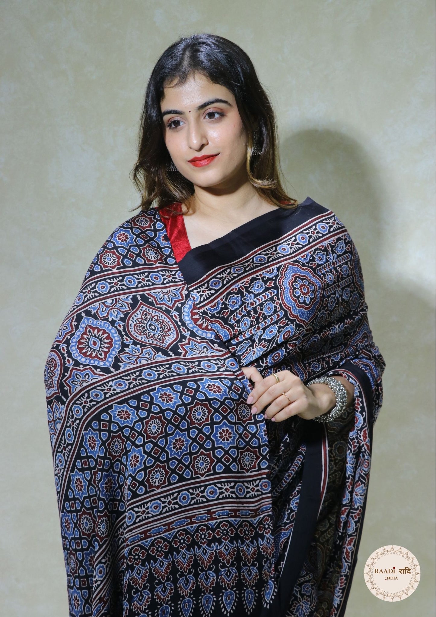 Ajrakh Modal Silk Saree from Kutch – Handcrafted with Natural Dyes