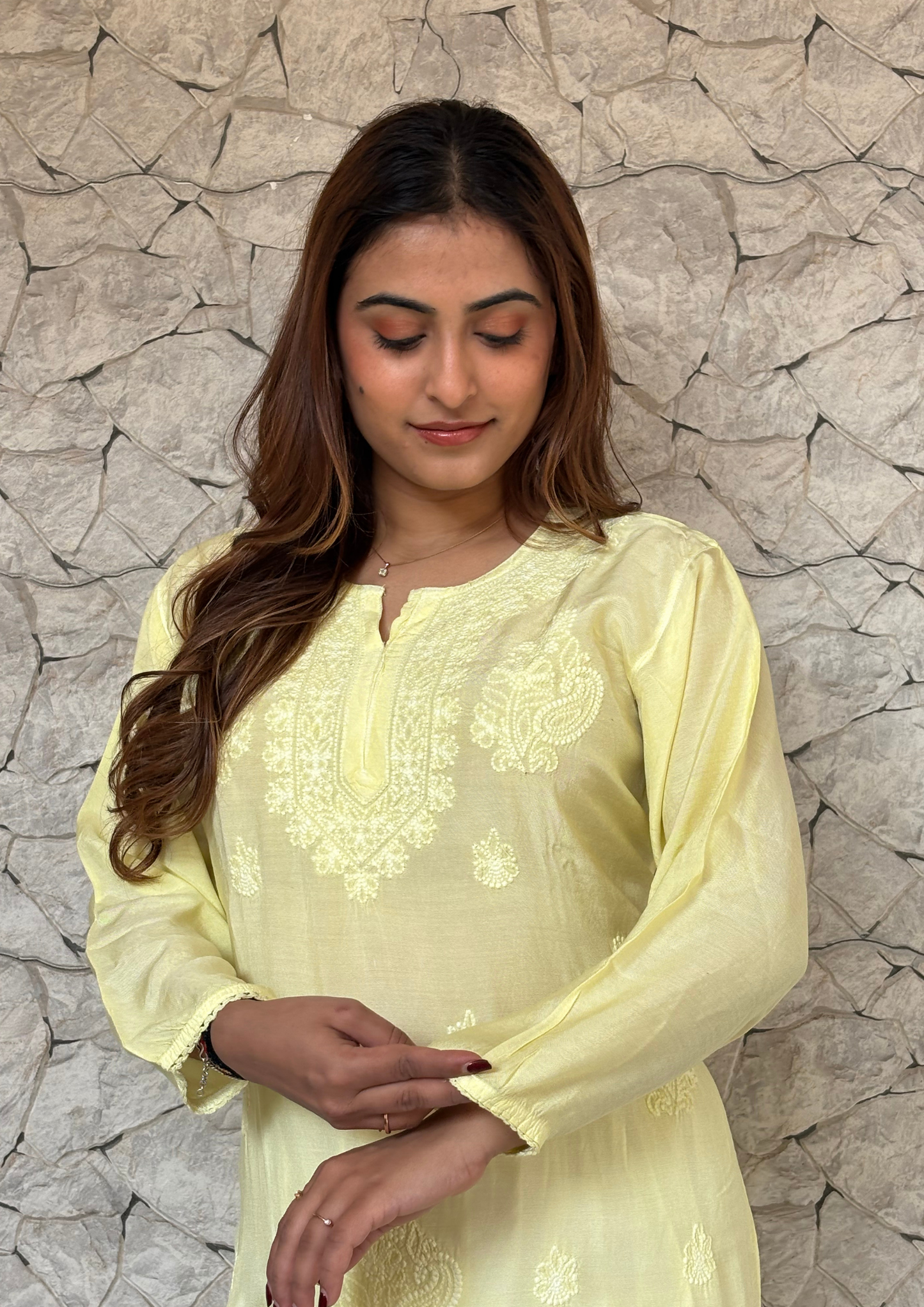 Muslin Modal Chikankari Kurta- Lemon Yellow