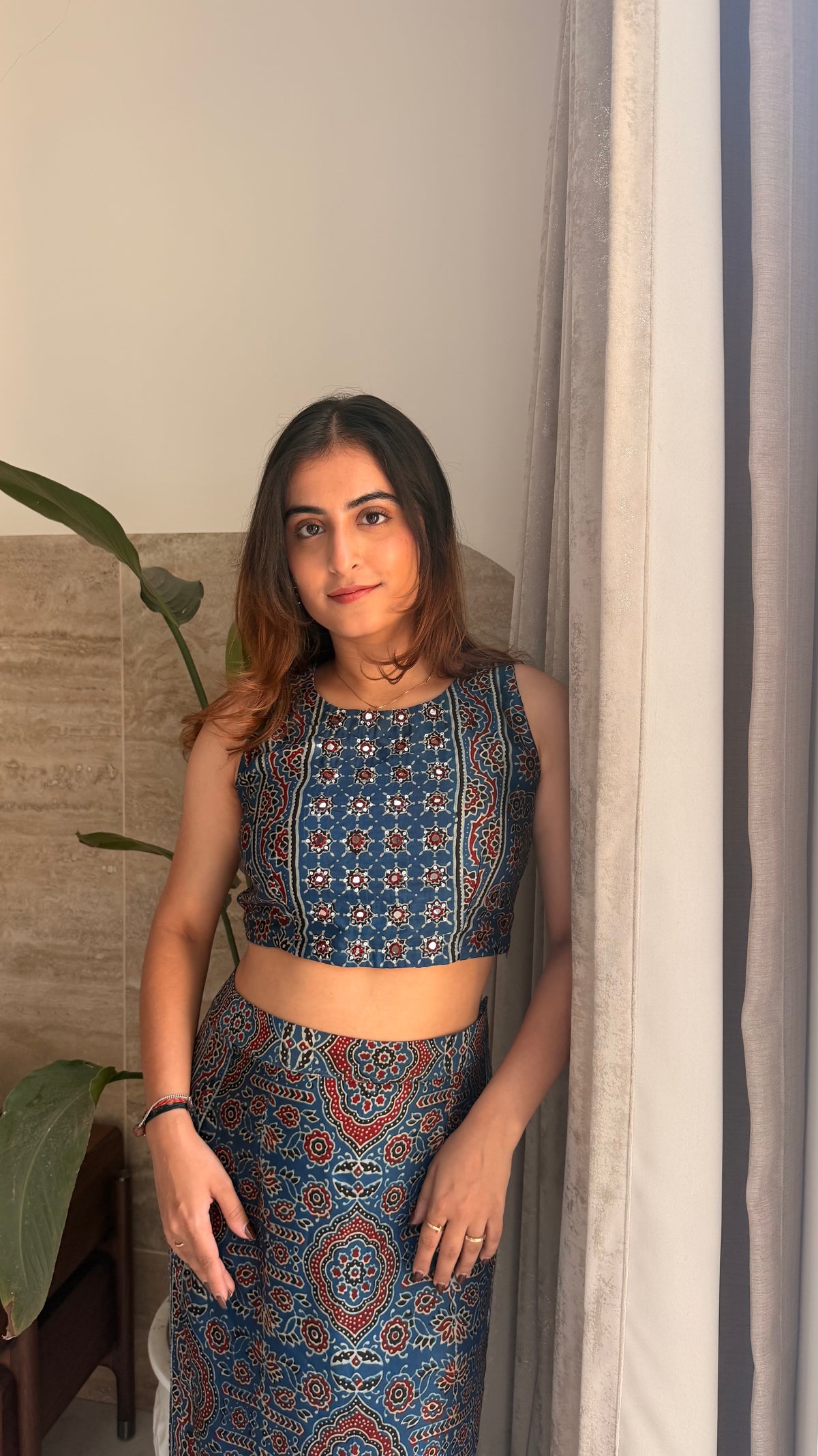 Indigo Ajrakh Modal Silk Skirt Set with Mirror Work