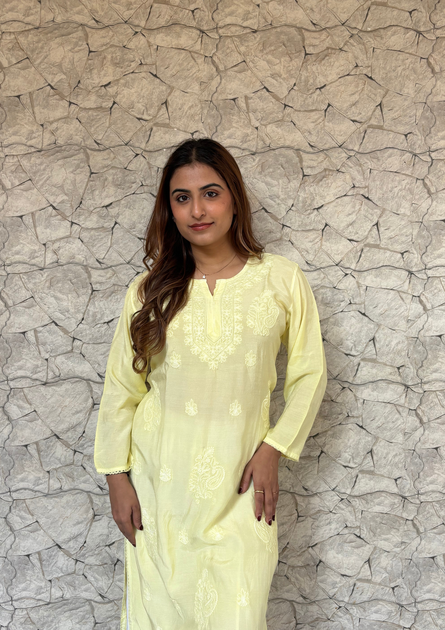 Muslin Modal Chikankari Kurta- Lemon Yellow
