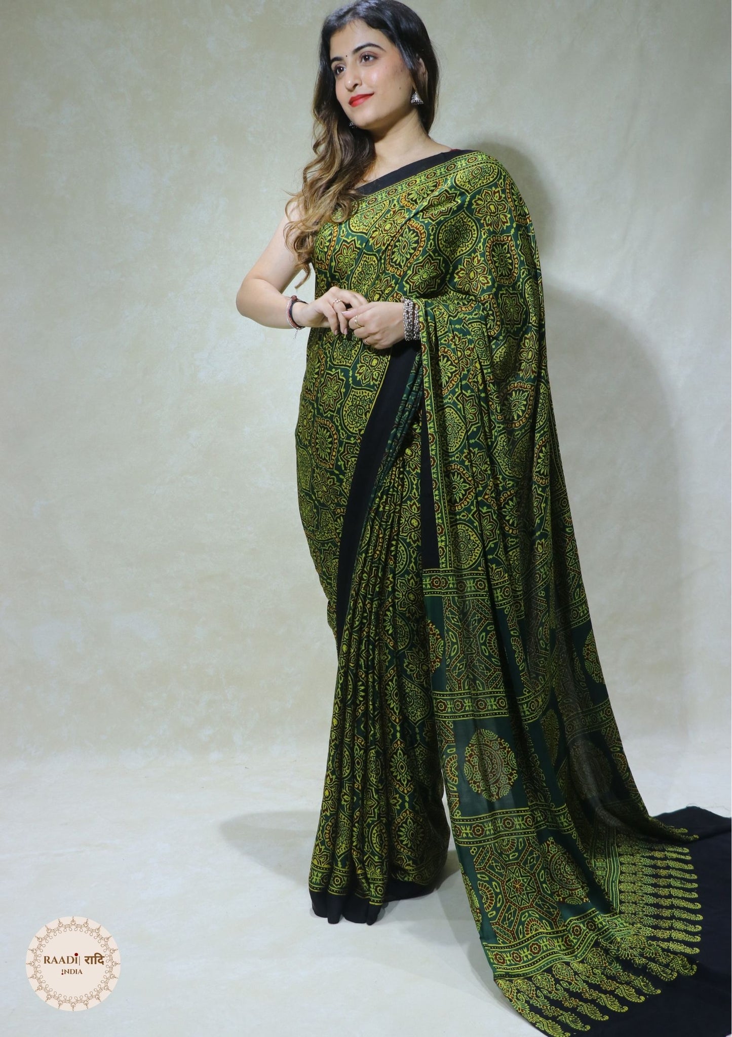 Ajrakh Modal Silk Saree from Kutch – Handcrafted with Natural Dyes