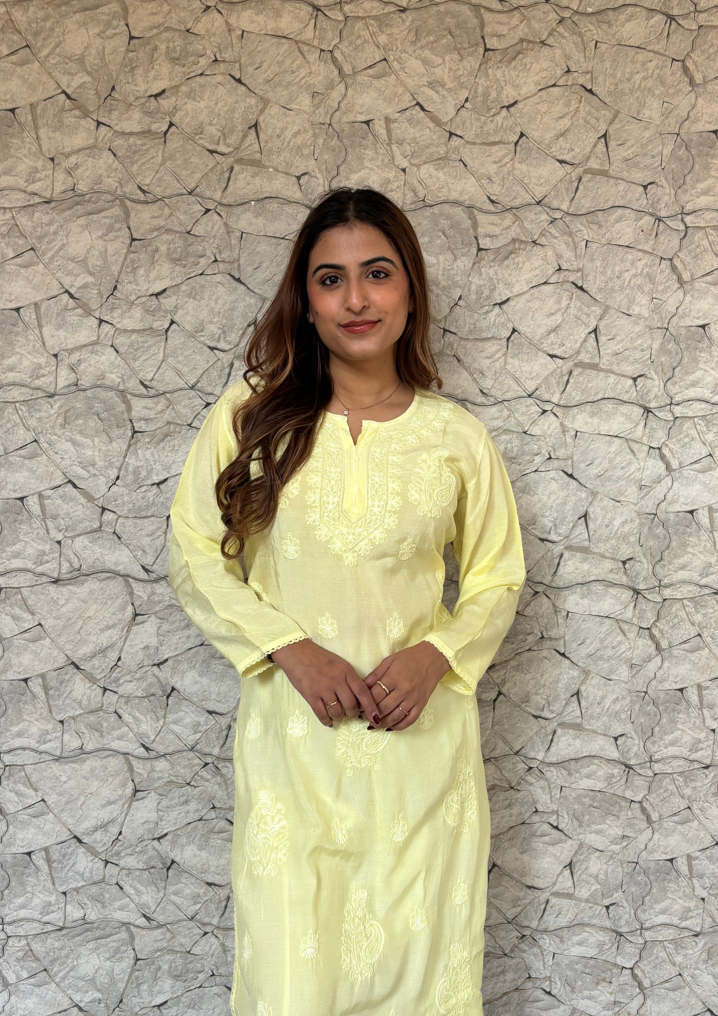 Muslin Modal Chikankari Kurta- Lemon Yellow