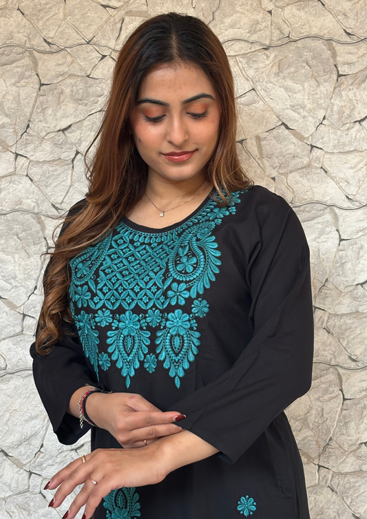 Rayon Black  kurta With Contrast Chikankari Work-Turquoise Blue