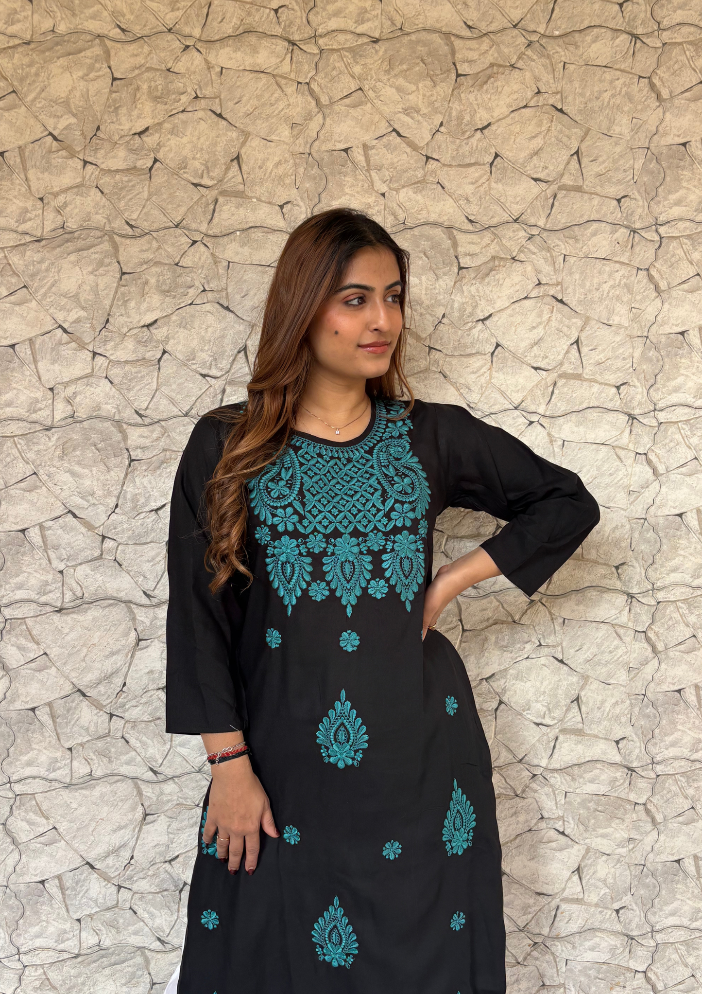 Rayon Black  kurta With Contrast Chikankari Work-Turquoise Blue