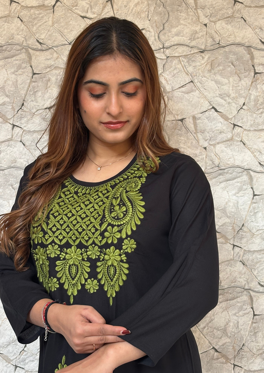 Rayon Black  kurta With Contrast Chikankari Work-Green