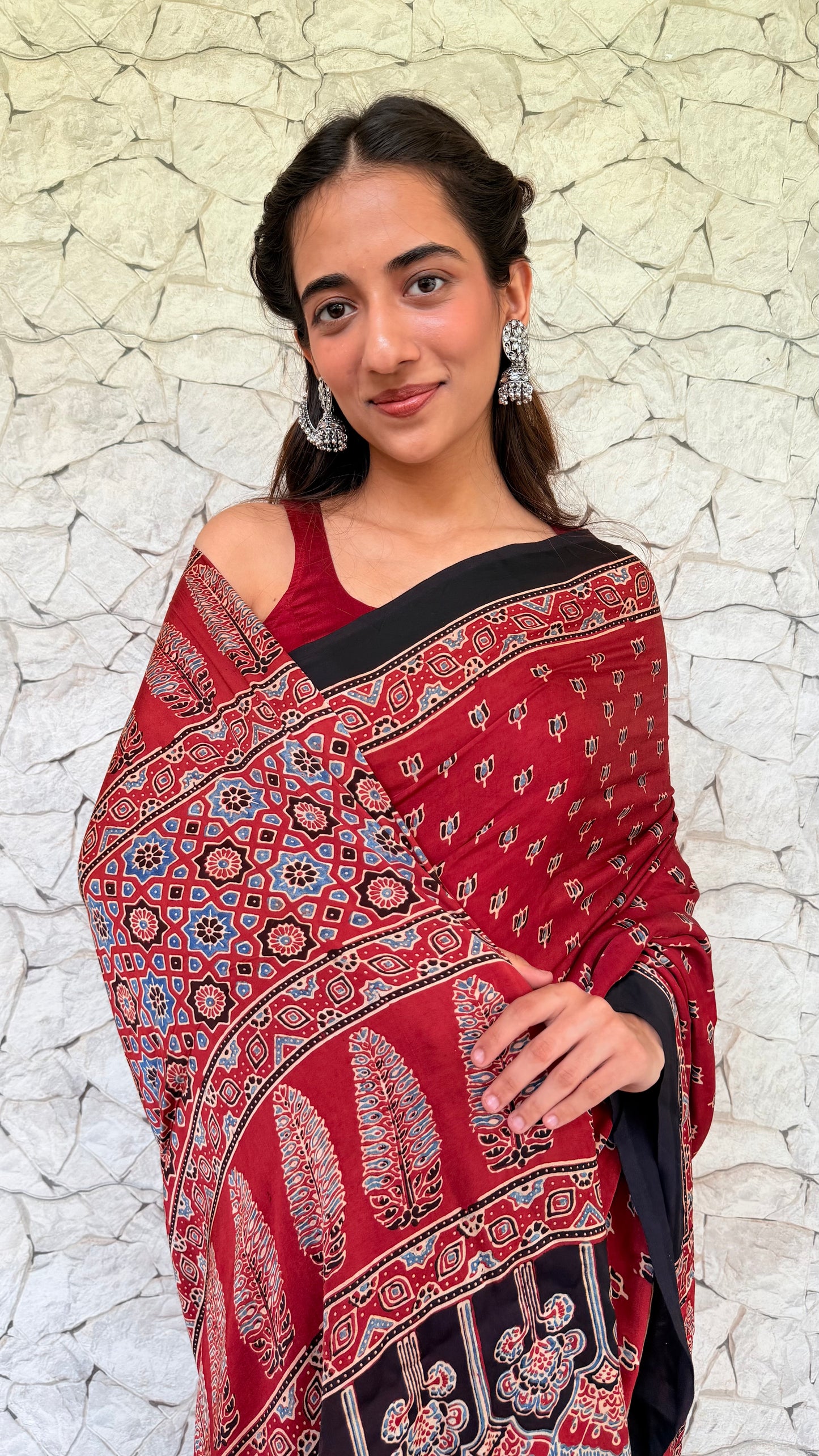 Pure Handcrafted Modal Silk Ajrakh Saree-Maroon
