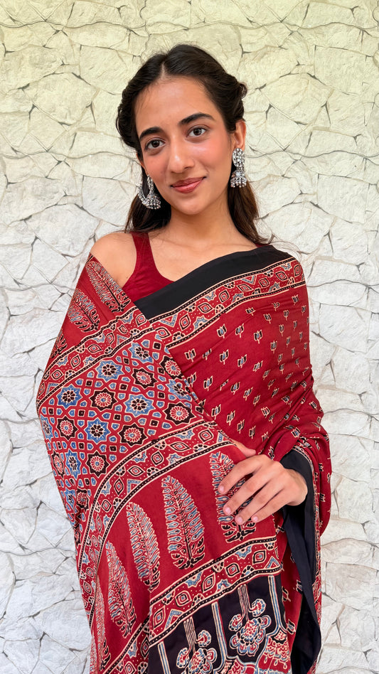 Pure Handcrafted Modal Silk Ajrakh Saree-Maroon