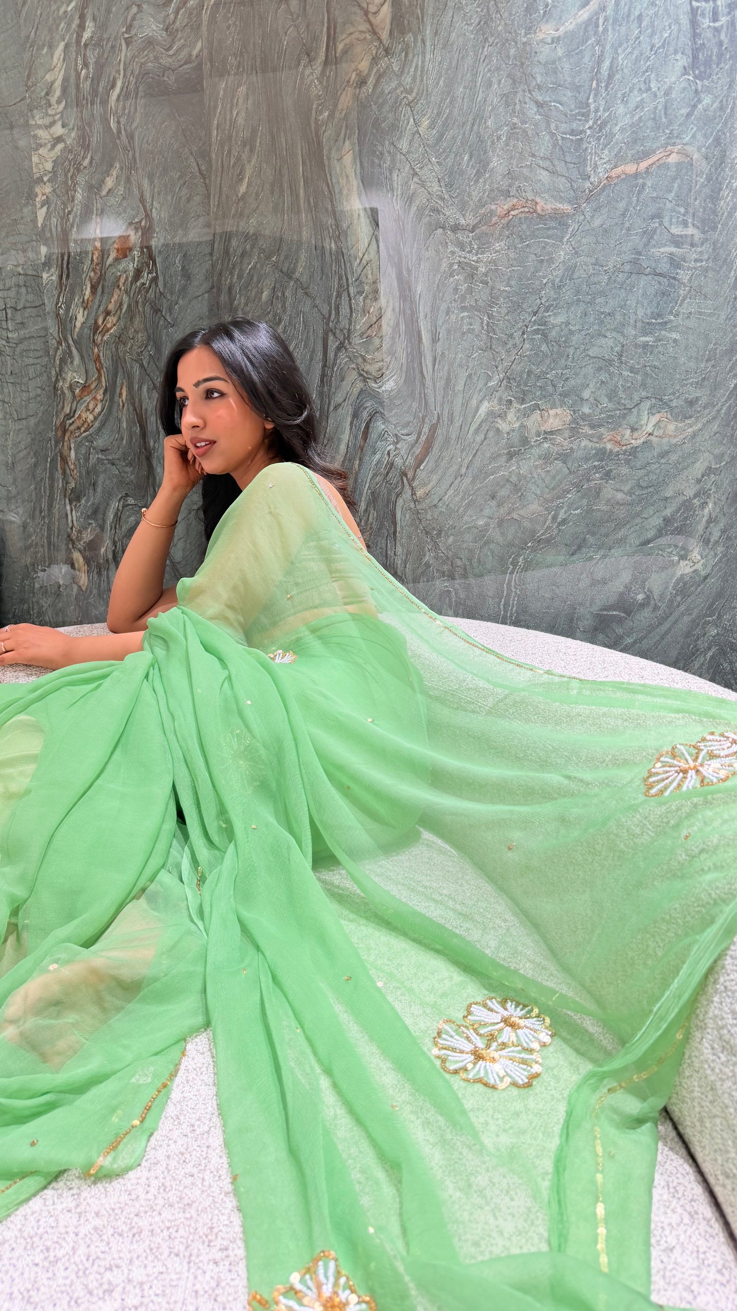 Handcrafted Rajputi Pure Chiffon Saree, Made in Jaipur-Muted Green