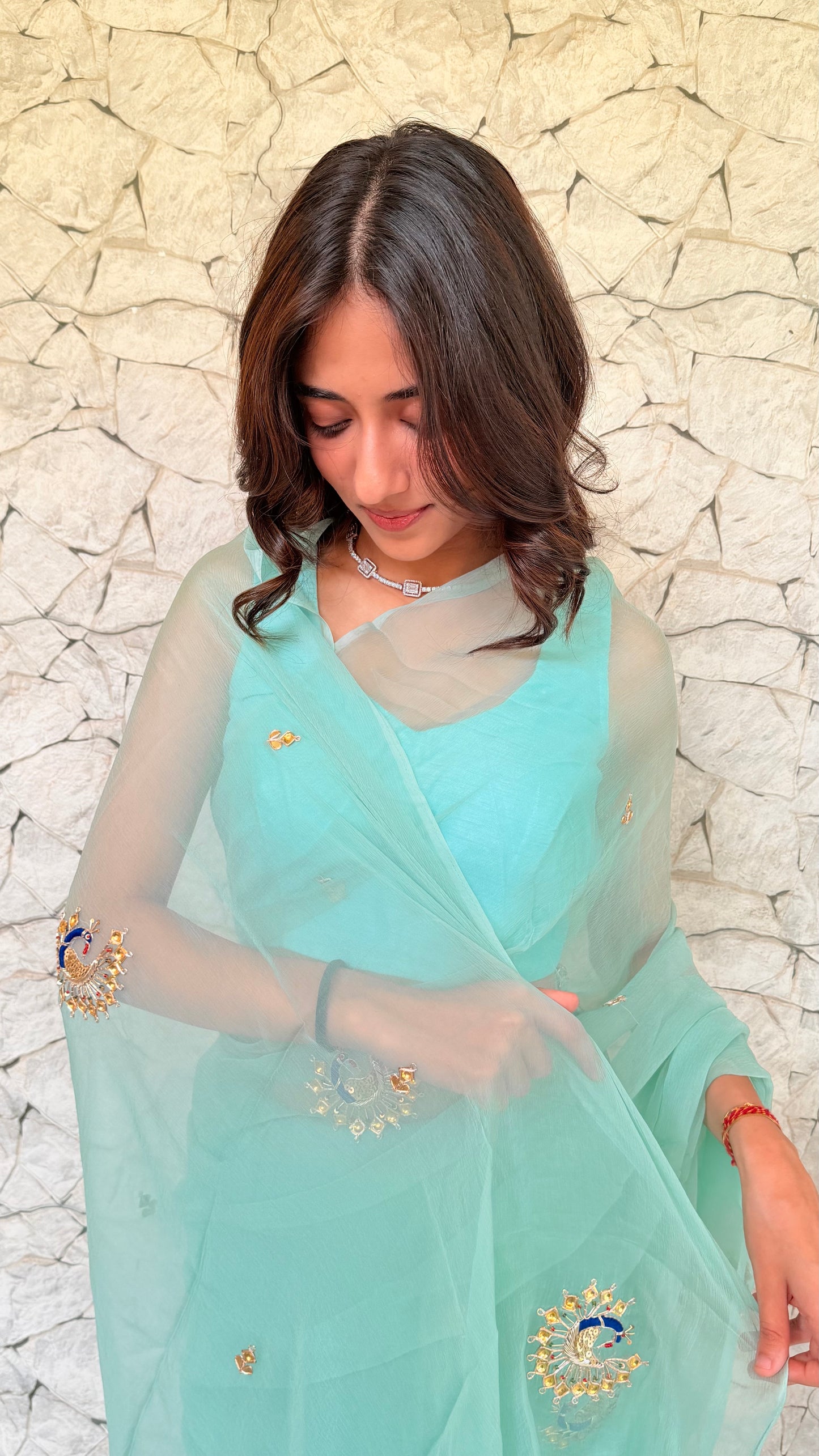 Handcrafted Rajputi Pure Chiffon Saree- Turquoise Blue