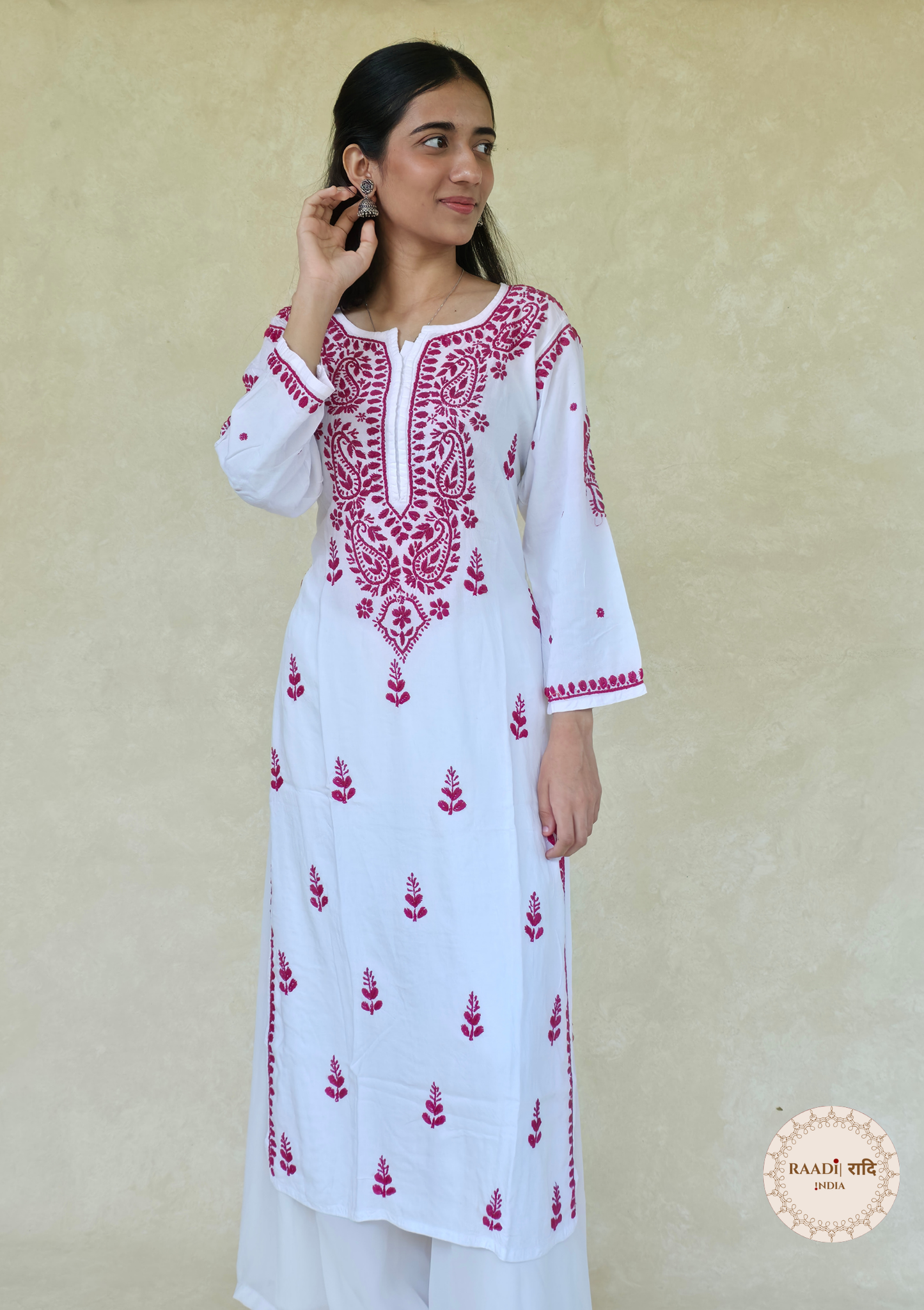 Handcrafted Rayon White Kurta With Contrast Pink Threads