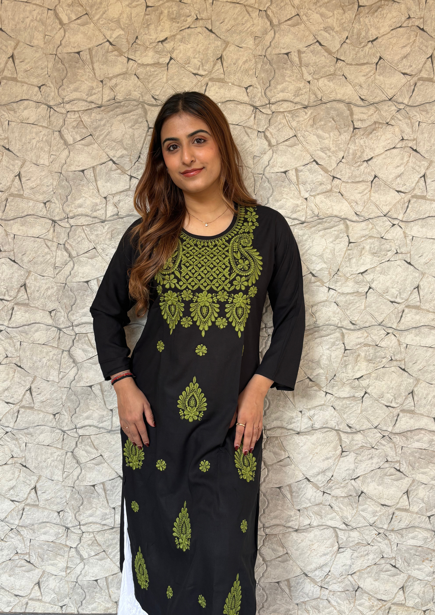 Rayon Black  kurta With Contrast Chikankari Work-Green