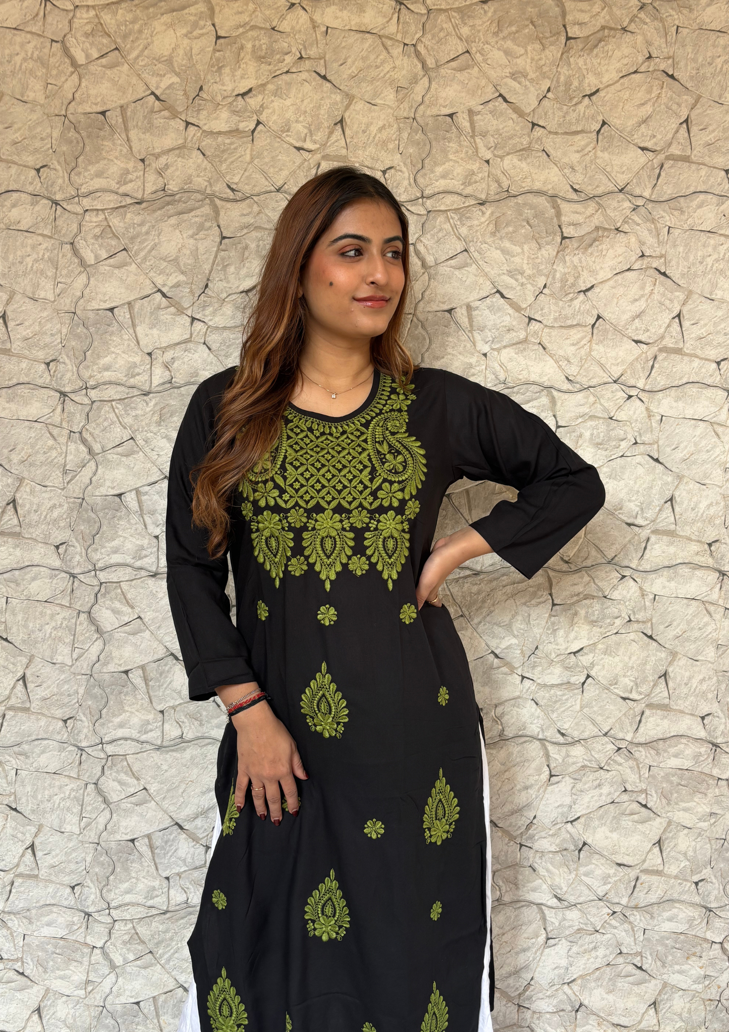 Rayon Black  kurta With Contrast Chikankari Work-Green