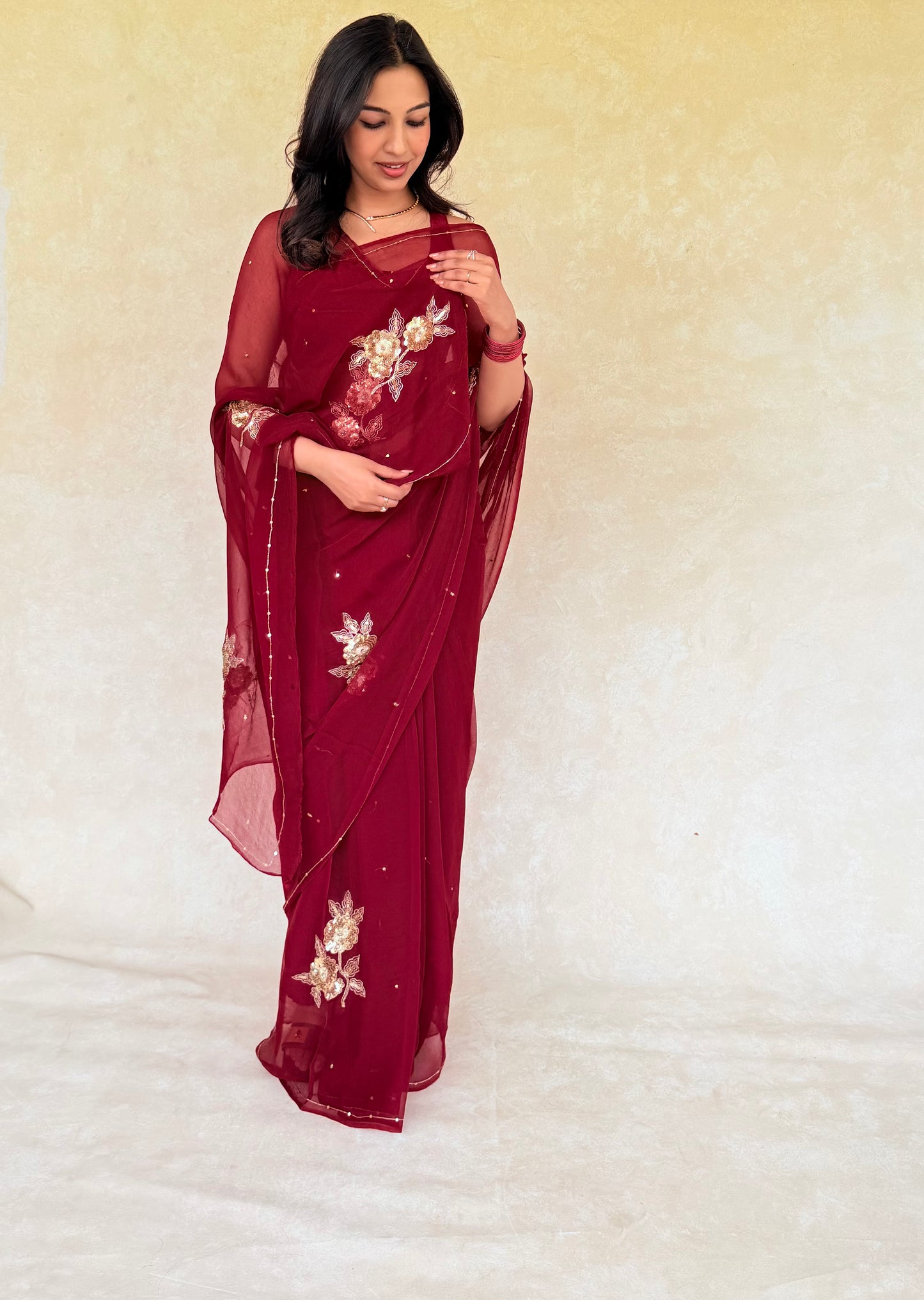 Handcrafted Rajputi Pure Chiffon Saree, Made in Jaipur- Cherry Red