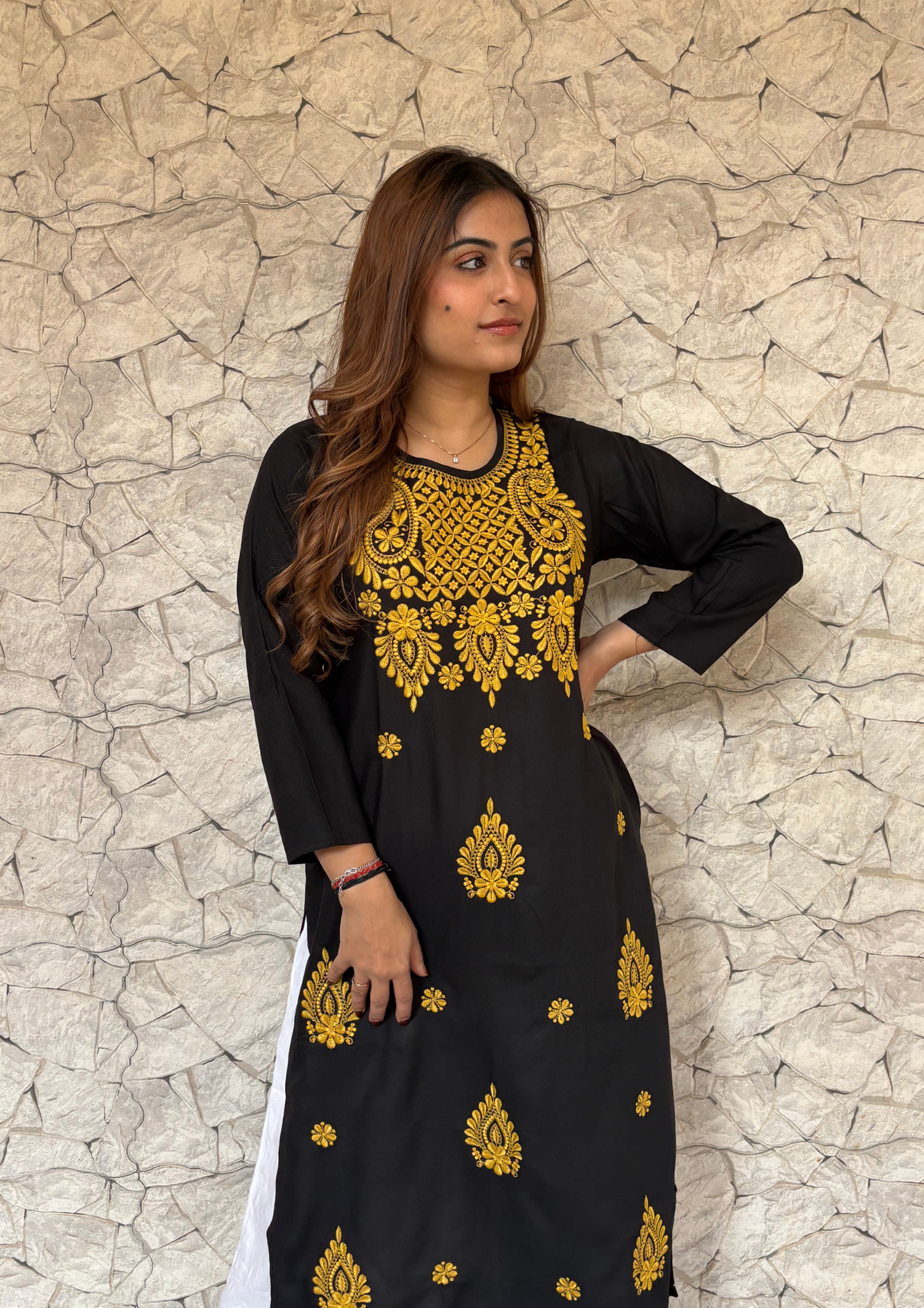 Rayon Black  kurta With Contrast Chikankari Work-Yellow