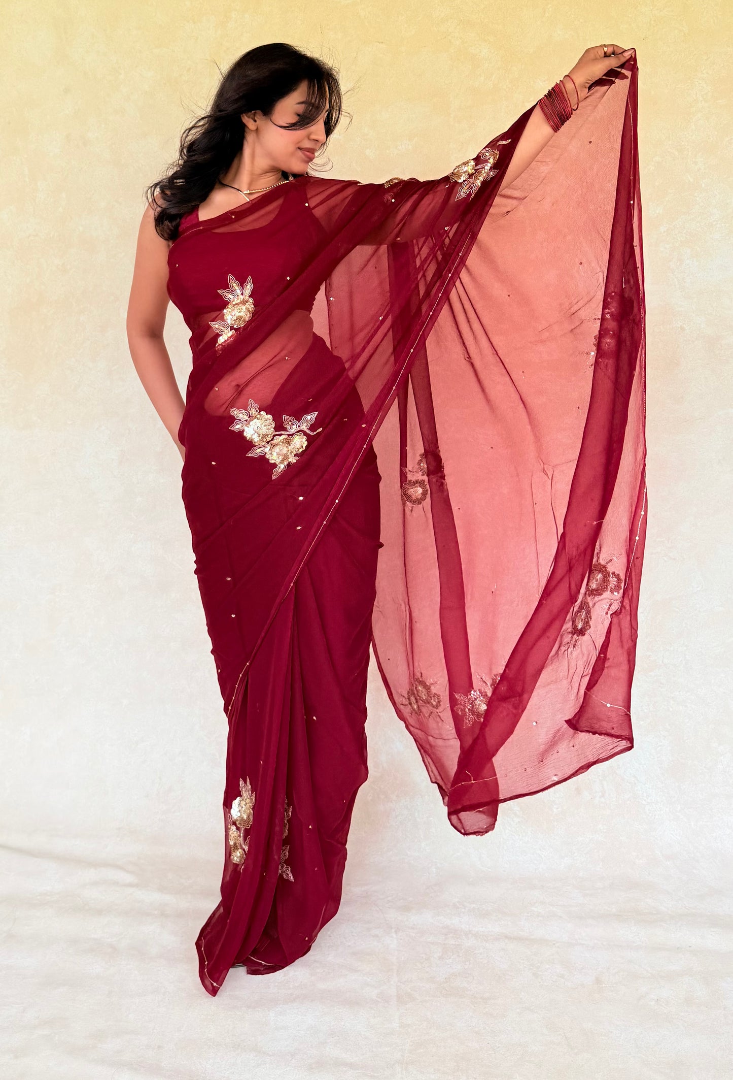 Handcrafted Rajputi Pure Chiffon Saree, Made in Jaipur- Cherry Red