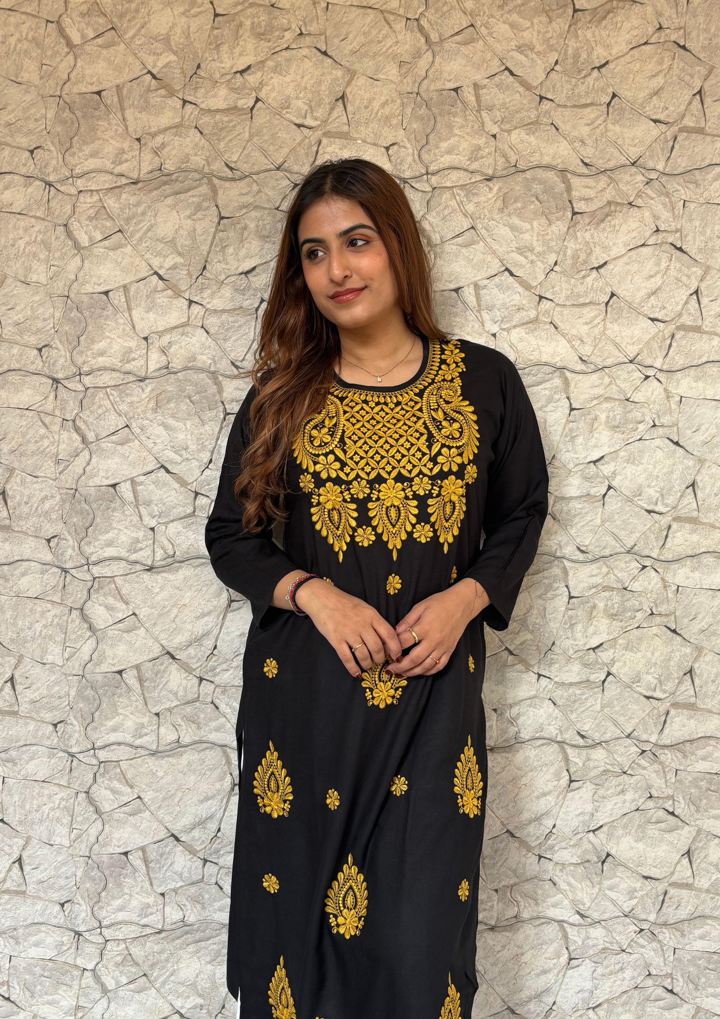Rayon Black  kurta With Contrast Chikankari Work-Yellow