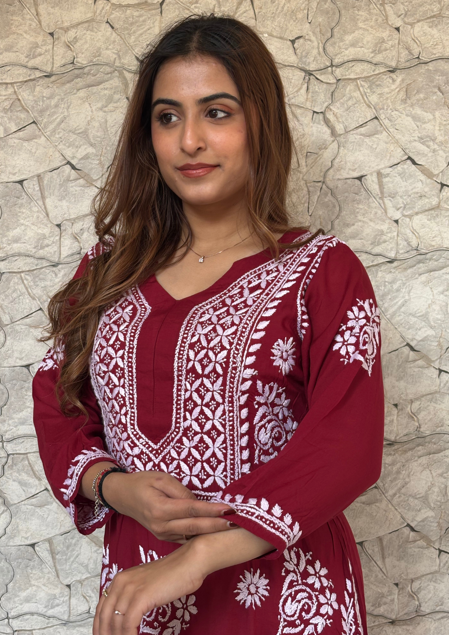 Modal Kurta With Handcrafted Motifs- Maroon
