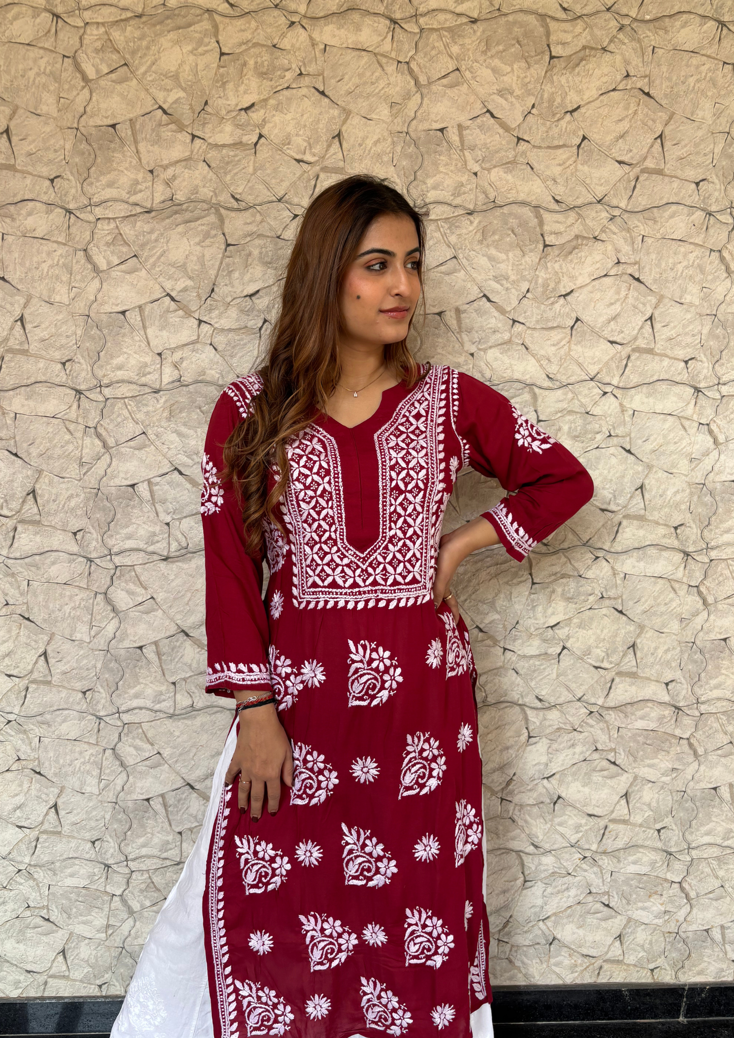 Modal Kurta With Handcrafted Motifs- Maroon