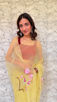 Handcrafted Rajputi Pure Chiffon Saree, Made in Jaipur- Butter Yellow