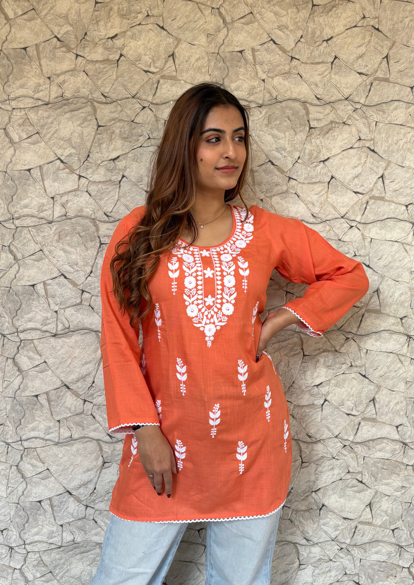 Rayon Short Kurta With White Chikankari Work-Orange
