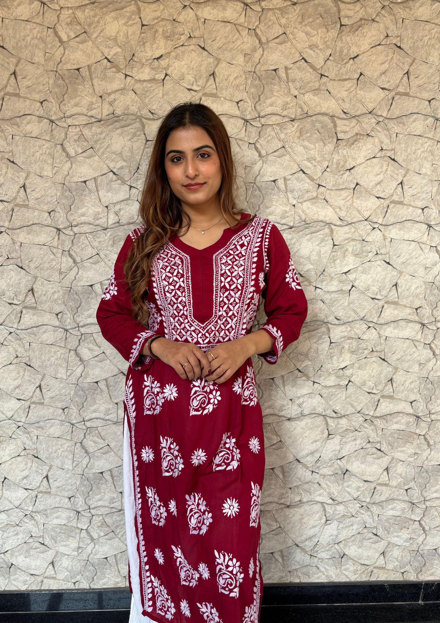 Modal Kurta With Handcrafted Motifs- Maroon