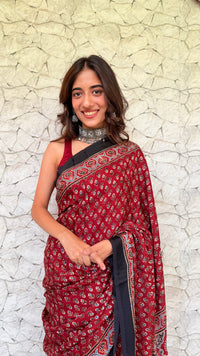 Handcrafted Ajrakh Pure Modal Silk Saree-Maroon