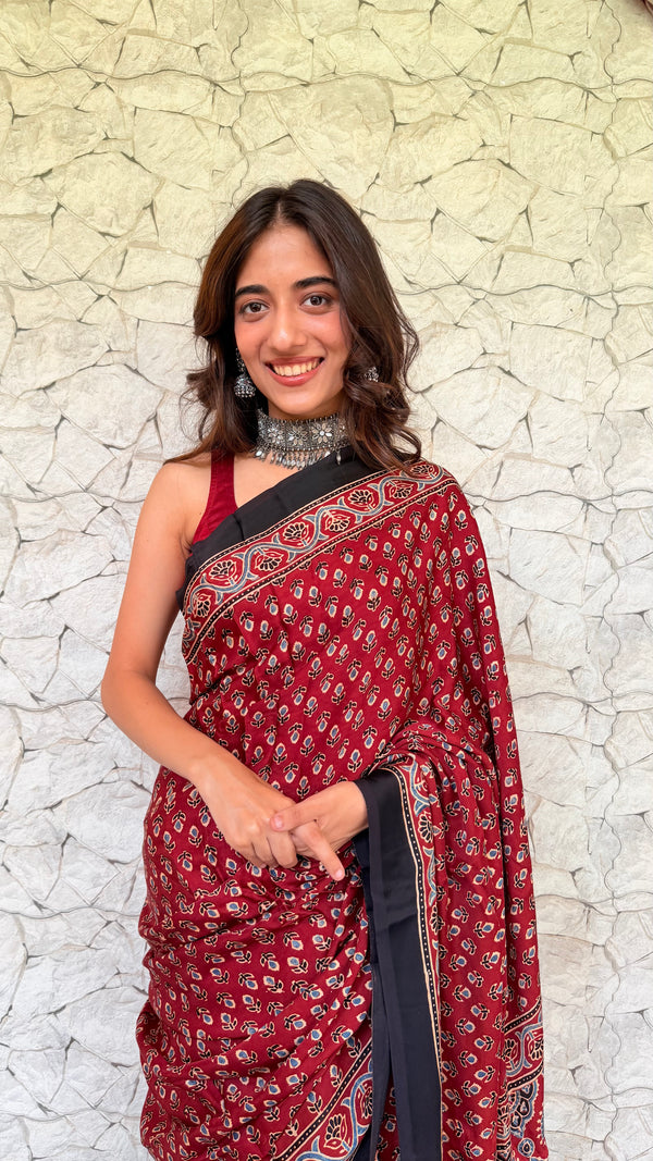 Handcrafted Ajrakh Pure Modal Silk Saree-Maroon