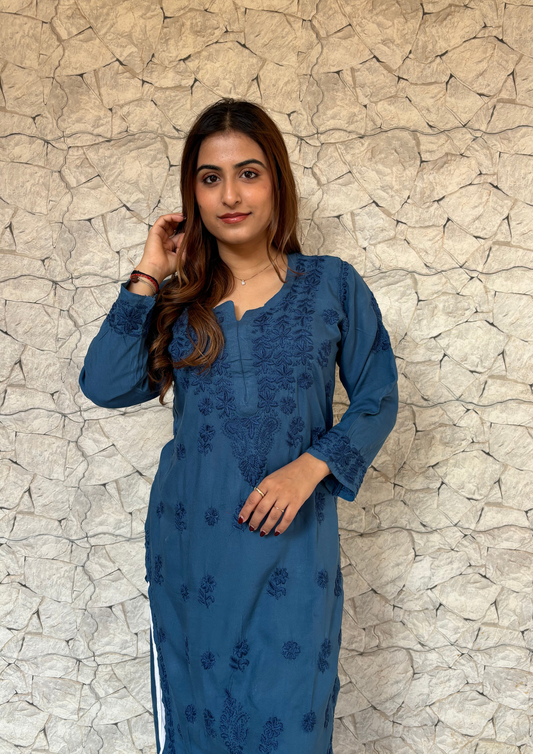 Rayon Handcrafted Kurta With Motifs overall-Blue